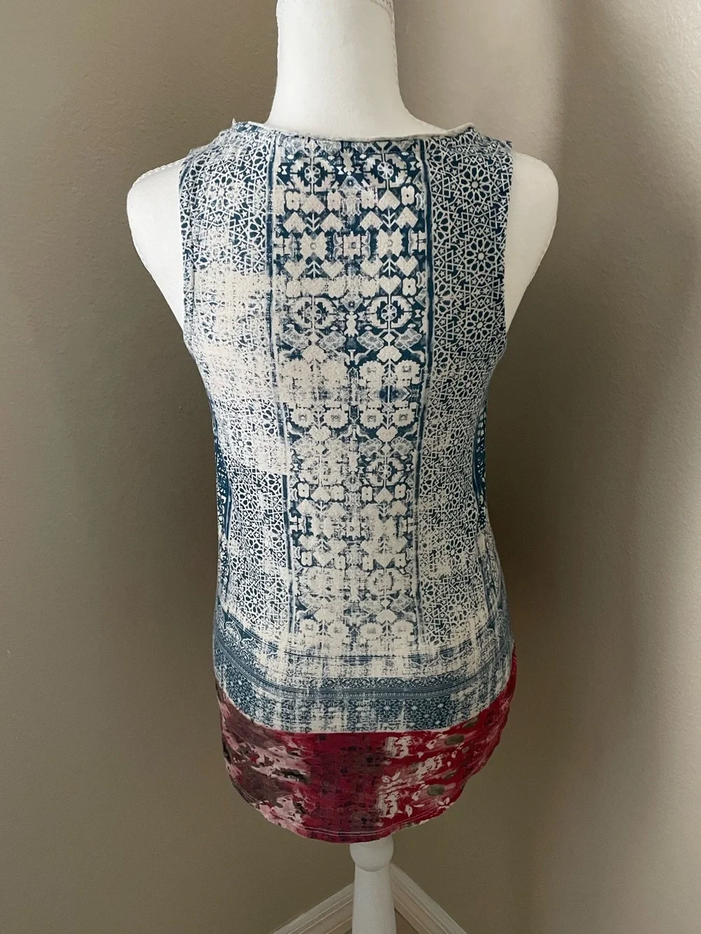 Lucky Brand Tank Top Red Blue Geometric Embroidered Boho
